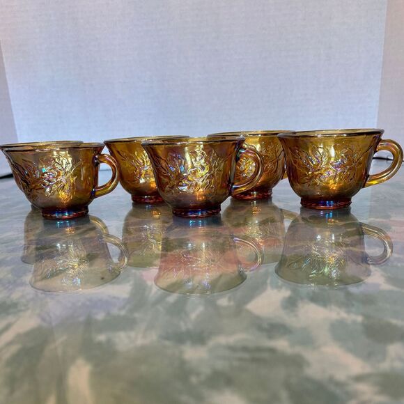 2 Indiana Glass Iridescent Gold Carnival Glass Harvest Grape Punch Bowl Mugs - Picture 1 of 4